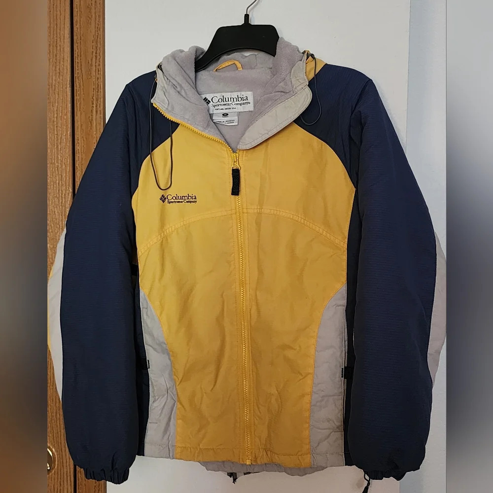 Columbia Yellow, Blue & Gray Fleece Lined Full Zip Cinched Hood & Waist Sz M